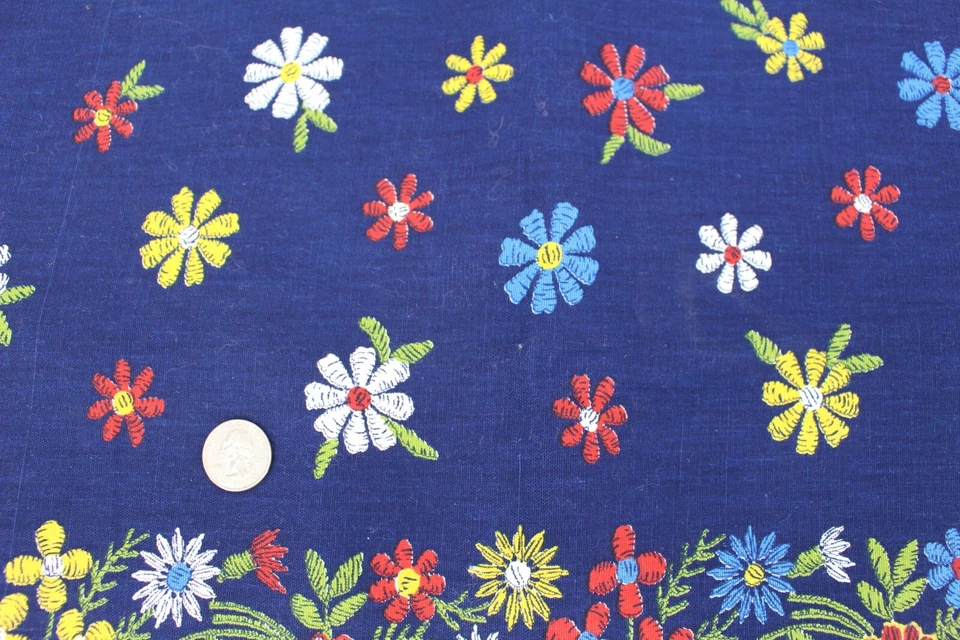 Vintage Fabric Retro Blue Yellow White Flower Power 1970s 2+ Yards Upholstery - Image 2 of 2