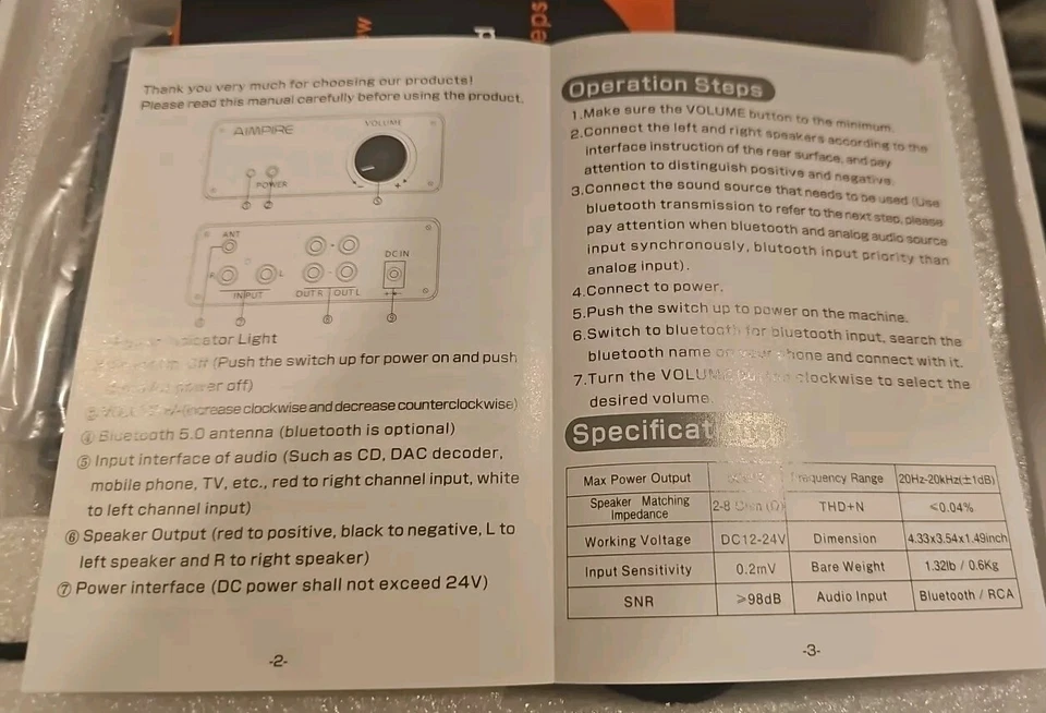 Aimpire Bluetooth Mini Amplifier AM10 Audio Amp Stereo Integrated 2  Channel - Image 3 of 4