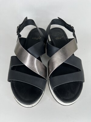 Alexis Leroy Black Leather Silver Ankle Strap Sandals Women Sz 39EU/8.5M US