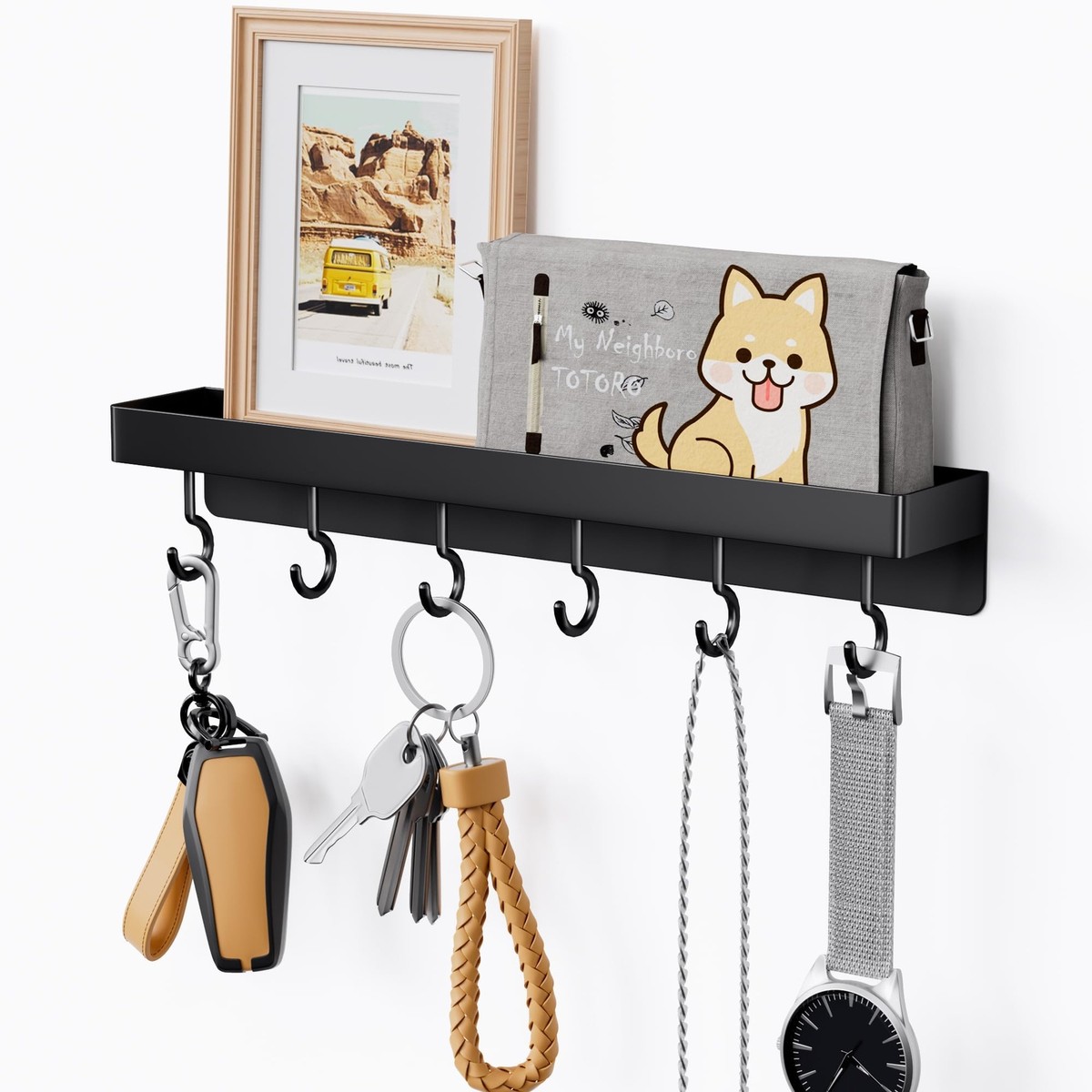 Black Self Adhesive Key Holder Key Rack with Stainless Steel Hooks