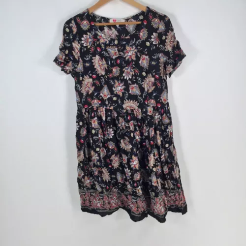 Koton womens dress size 40 aus 10 shift black floral short sleeve viscose 070256 - Picture 1 of 8