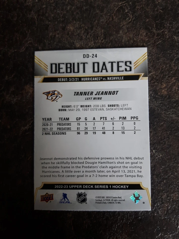 2022-23 Upper Deck Series 1 Debut Dates Tanner Jeannot Card# DD-24 - Image 2 of 2