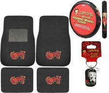 New 6pc Betty Boop Car Truck Carpet Floor Mats Steering Wheel Cover Keychain