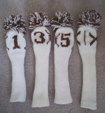 4 HOMEMADE MATCHING HAND KNIT GOLF HEAD COVERS OFF WHITE BROWN- MCM