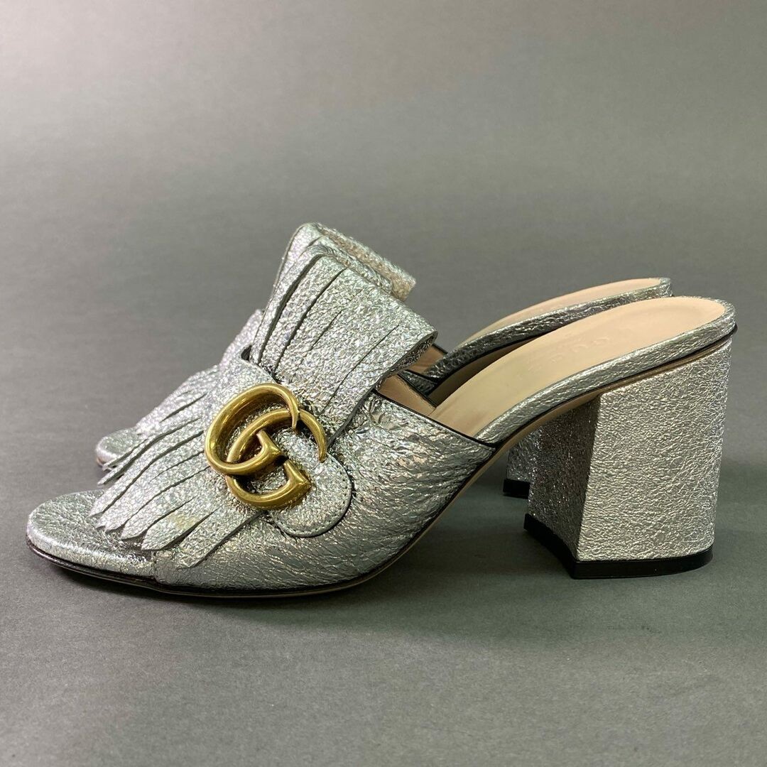 GUCCI サンダル Gucci 3j24 GG Marmont Fringe Sandals 36 Metallic Silver