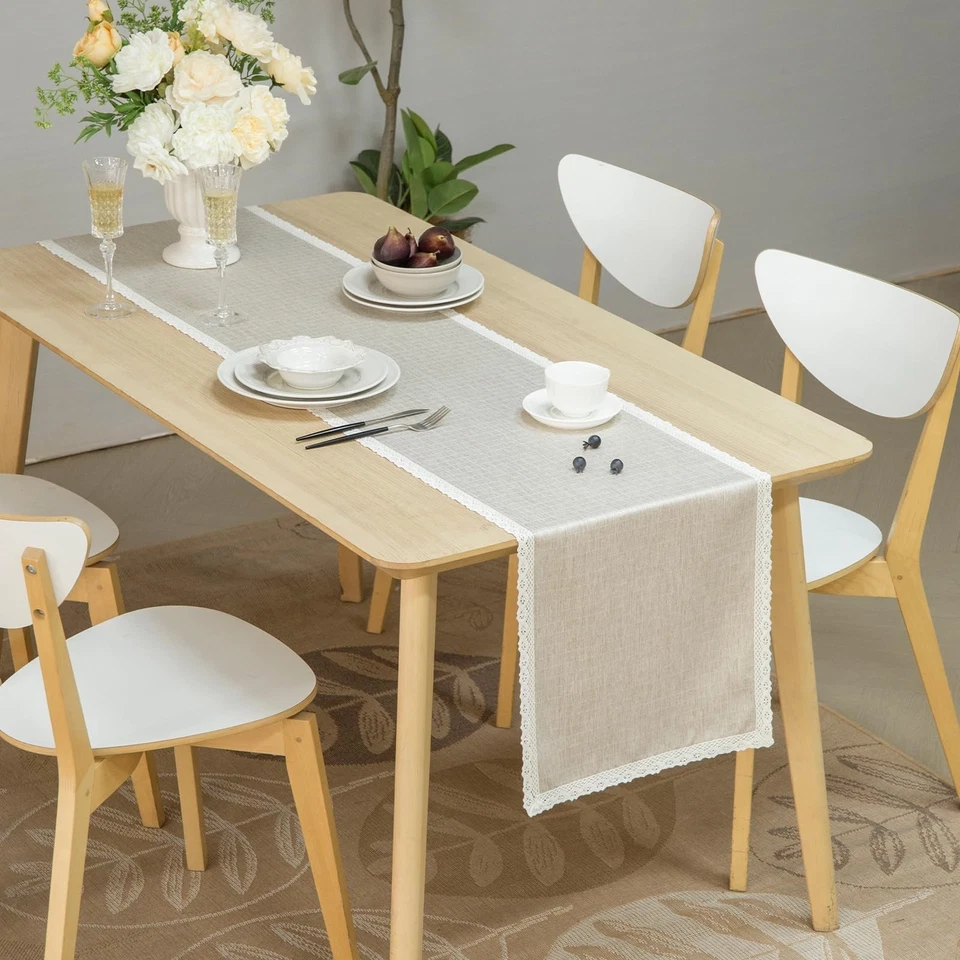 Lace Trim Linen-Look Textured Rustic Washable Table Runner Decorative Long Ta... - Image 2 of 4