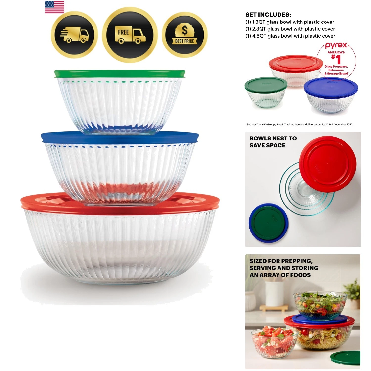Sculpted 3-Pack Glass Mixing Bowls Set With Plastic Lids For Prepping, Baking...