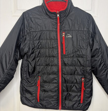 LL Bean Sz L 14/16 Reversible Black Puffer Jacket Sherpa Fleece Red Plush Lined