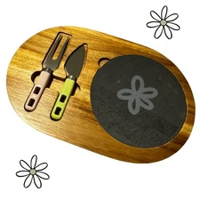 Vintage Wood & Slate Cheese Board Set with Utensils – Mid-Century Modern Style