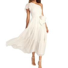 Lulus Shining Sight Midi Dress S White Metallic Gold Dotted One Shoulder Tiered