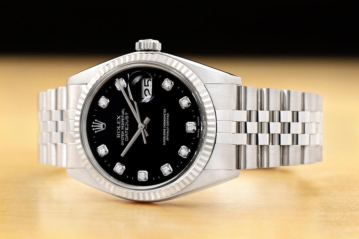 MENS ROLEX DATEJUST 16234 BLACK FACTORY DIAMOND 18K GOLD STEEL NO HOLES WATCH View 2