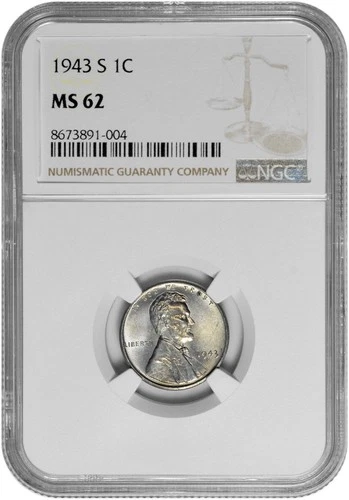 1943 S 1C Lincoln Steel Wheat Cent NGC MS 62 with Light Gold Toning