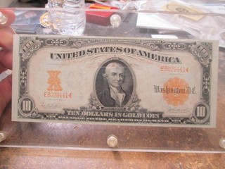 1907 $10 IN GOLD COIN LARGE SIZE NOTE IN ABOUT UNCIRCULATED CONDITION