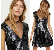 New Free People Dance Til Dawn Black Mini Sequin Skater Party Club Dress Small