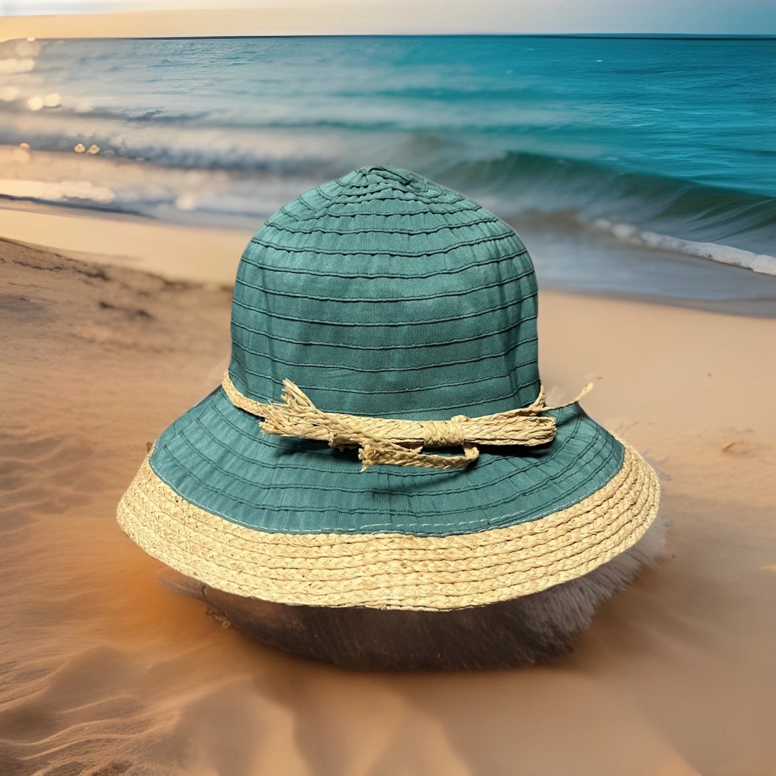 Woman’s Scala Boho Beachy Green Tan Adjustable Sun Hat Beach Pool Gardening