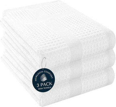 HEIRLOOM COMFORT 3 Pack White Waffle Weave Kitchen Towels, 100% Cotton, 16"x26", 3 Pack,