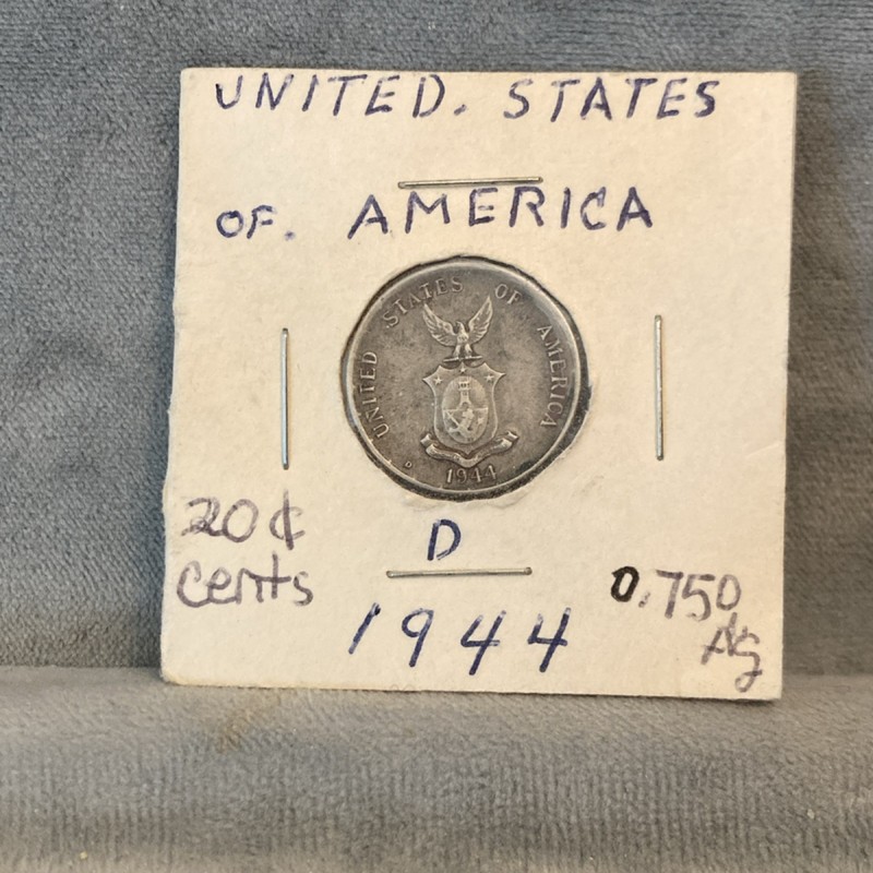 1944 United States Philippines 20 Cents D Variety Silver Coin 0.750 Fineness