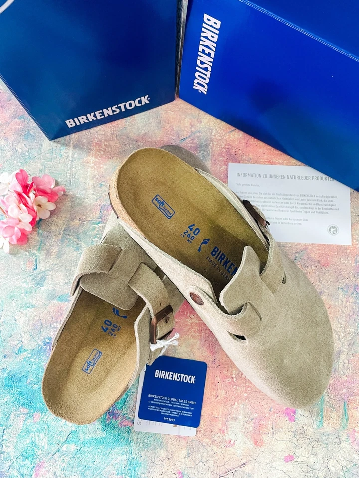 Birkenstock Taupe Boston Soft Footbed Suede Leather Women's Clog Shoes EU 37-45 - Image 2 of 4