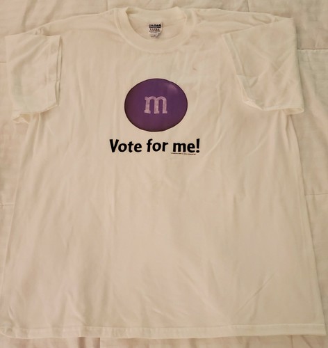 NWOT "Vote for me!" Purple M&M WHITE COTTON T-SHIRT UNISEX SZ XL