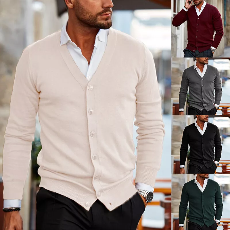 Boutons Cardigan Solide Couleur Chemise pour Hommes Pull Tricot