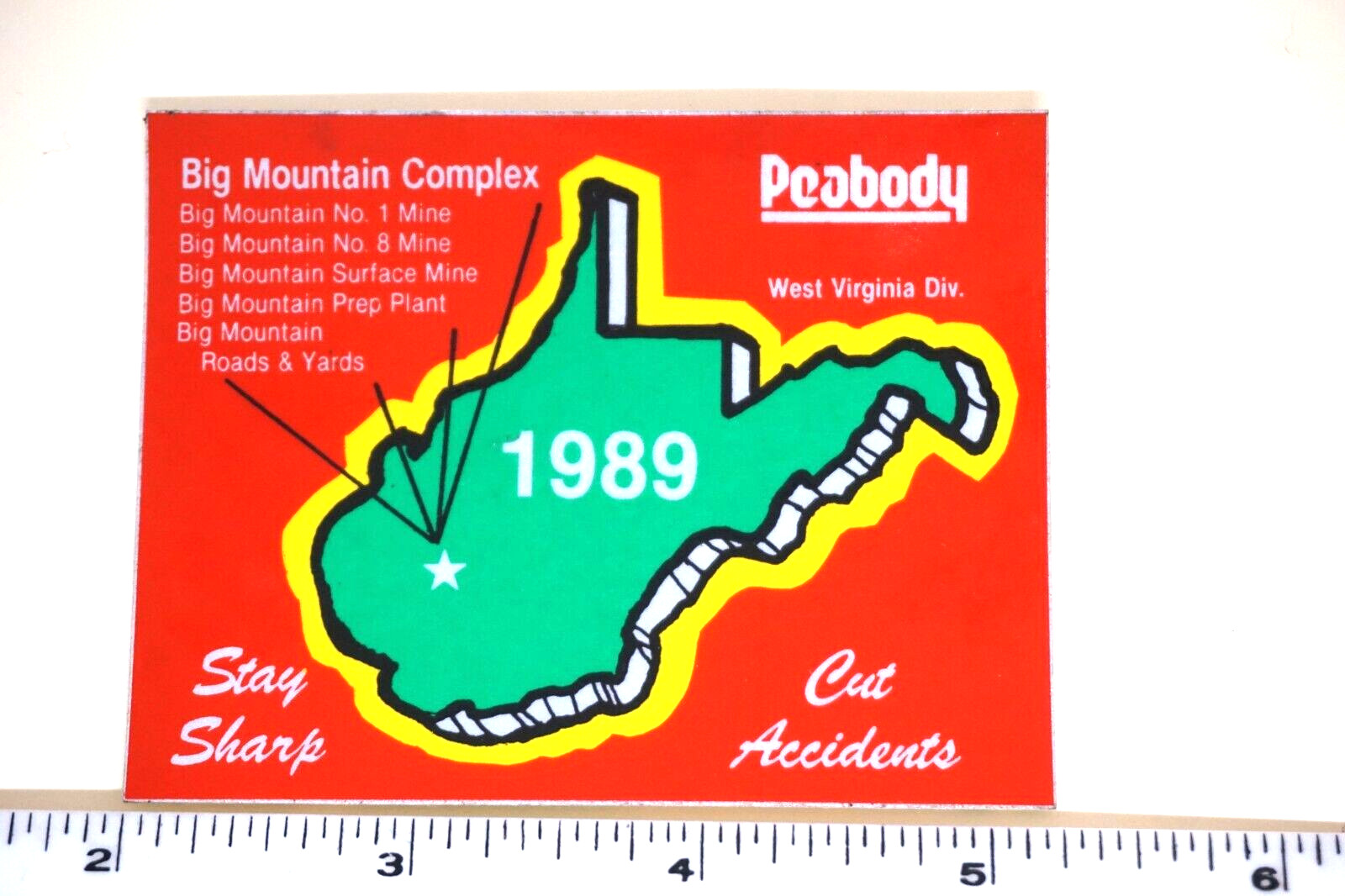 Peabody 1989 pegatina de minería de carbón corte afilado accidentes WV Big Mountain Complx