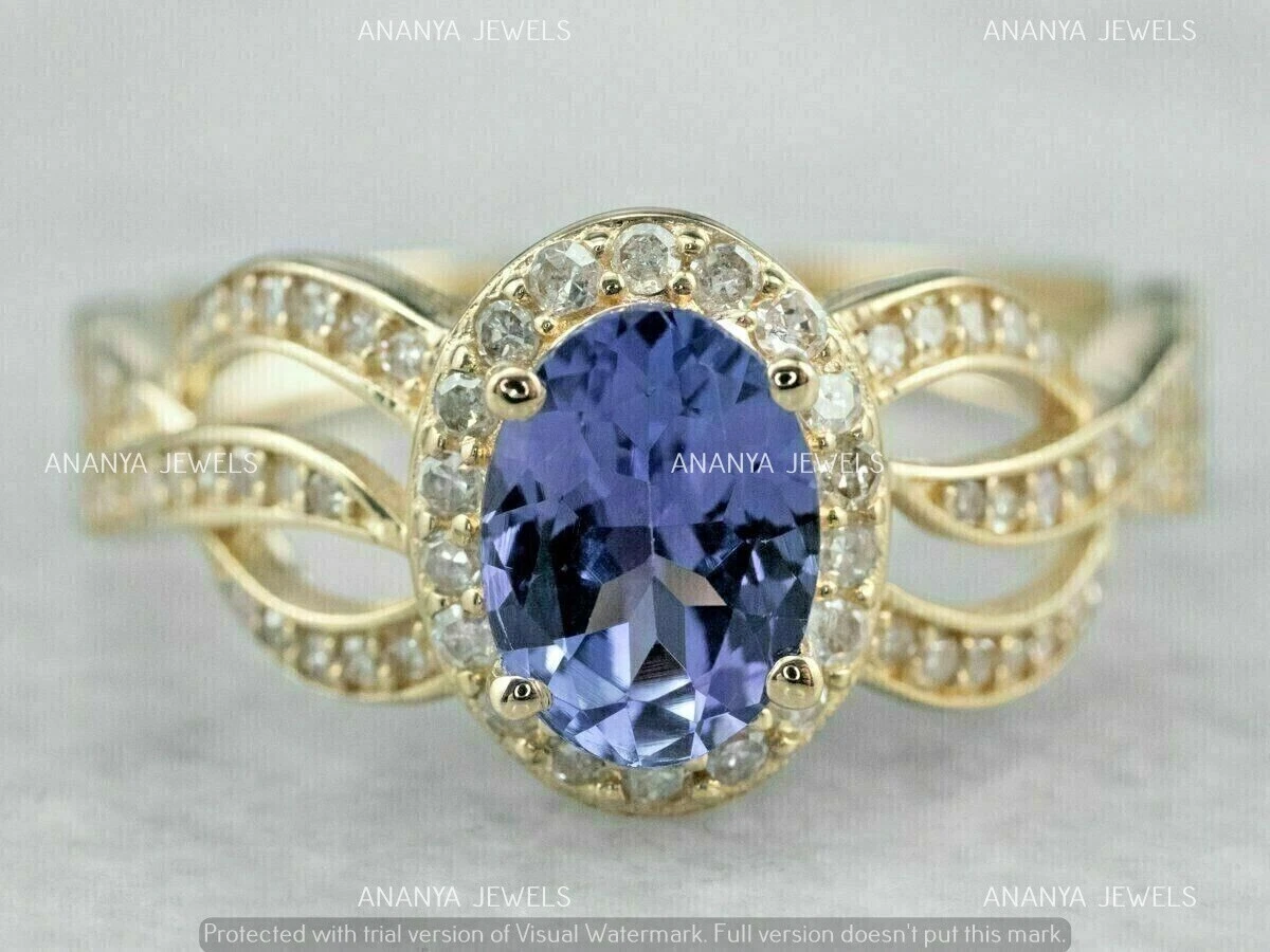 2 CT Oval Cut Blue Tanzanite Lab Created Engagement Ring 14K Yellow Gold Plated
