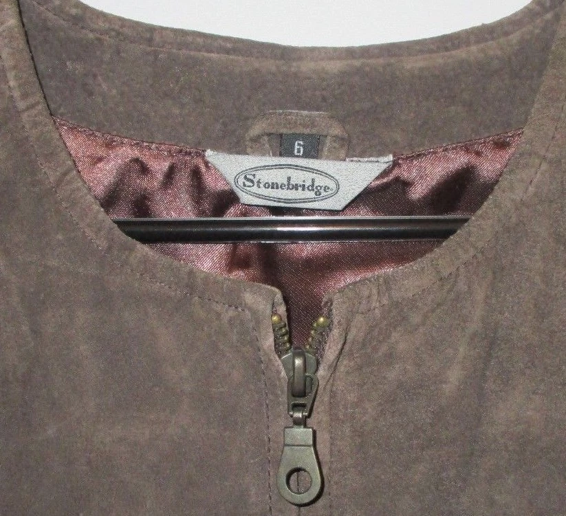 CHALECO DE CUERO DE GAMUZA MARRÓN USADO EN EXCELENTE ESTADO STONEBRIDGE con cremallera frontal Talla 6 ~ Totalmente forrado Foto 4 de 4