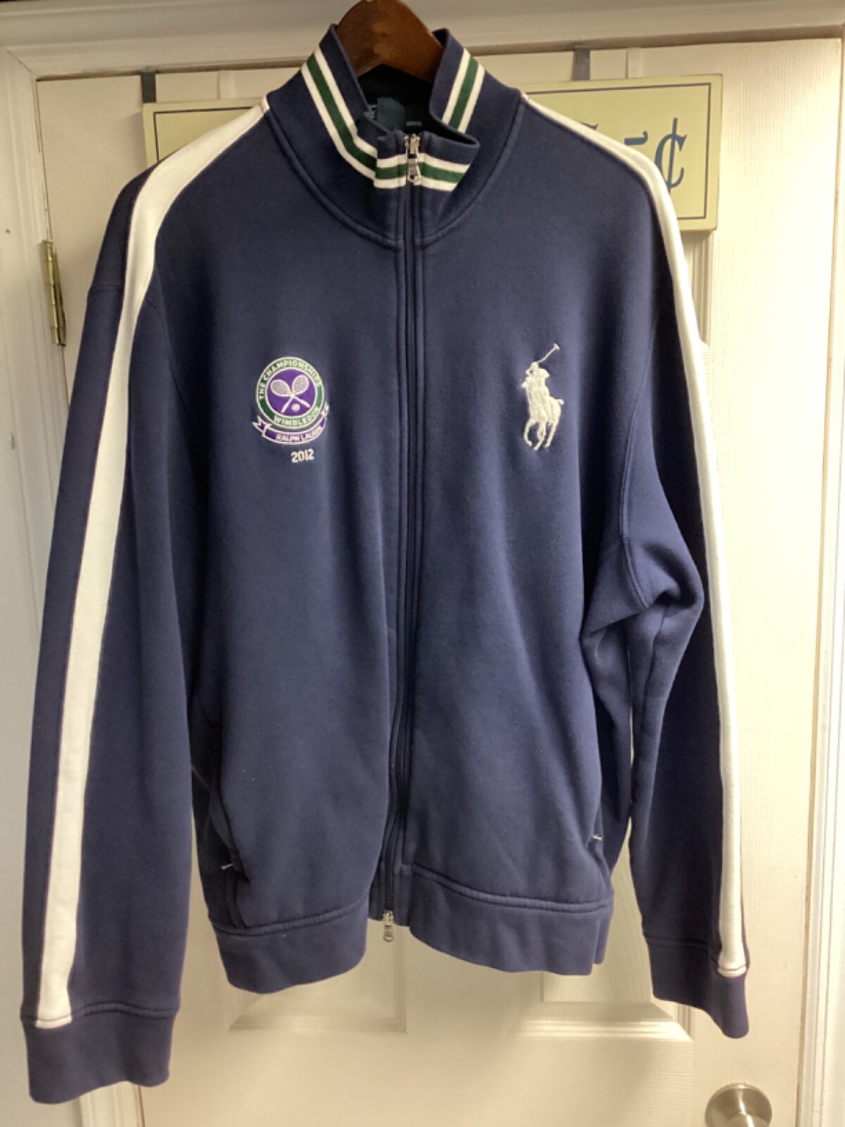 Giacca tennis Ralph Lauren WIMBELDON 2012 blu navy zip davanti grande pony uomo XL