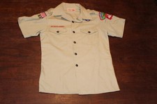 Boy Scouts of America BSA Youth Shirt Large Tan Sewn Patches Short Sleeve