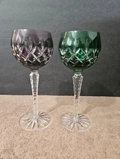 2 AJKA CRYSTAL ARABELLA EMERALD GREEN & AMETHYST HOCK WINE GLASSES 8.25" GOBLETS
