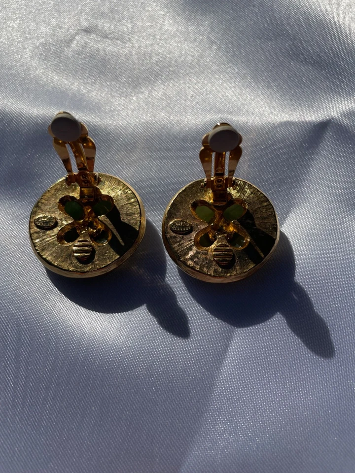 PENDIENTES CLIP CRISTAL ESMALTE NEGRO JADE IMITACIÓN VERDE ART DECO VINTAGE KENNETH LANE Foto 4 de 4
