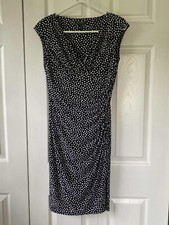 Lauren Ralph Lauren Dress Black Polka Dot Ruched Faux Wrap V-Neck Knit Size 4
