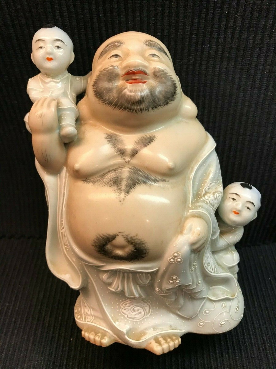 VINTAGE CHINESE PORCELAIN LAUGHING BUDDHA WITH HAIRY CHEST AND TWO