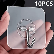 10PCS Transparent Self-Adhesive Hooks Strong Stainless Steel Key & Towel Hangers
