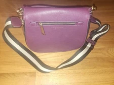 Marc Jacobs Leather Purse Gotham Purple w/Flap Stripe Nylon Strap Pebbled Medium