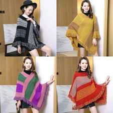 Women Ethnic Stripe Cloak Poncho Cape Retro Shawl Tassel Batwing Pullover