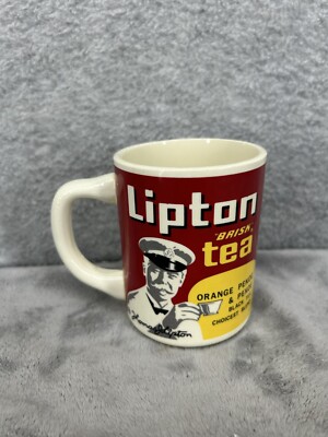 Vintage Lipton Tea Logo Coffee Tea Mug White Red and Yellow 3.75'' Tall