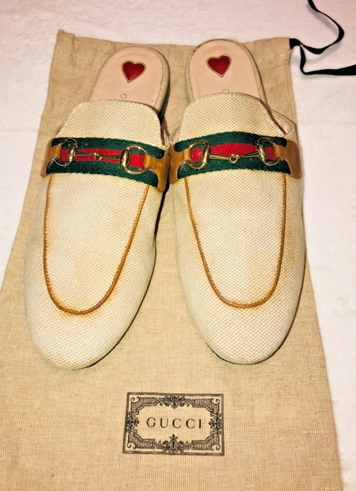 Gucci Princetown Arena Lona Beige Sin Espalda Deslizable Mocasín Mula Zapatilla Plana 38.5