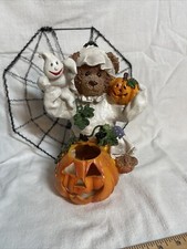 Ghost Bear with Giant Pumpkin Halloween Decoration 9 1/2  Tall