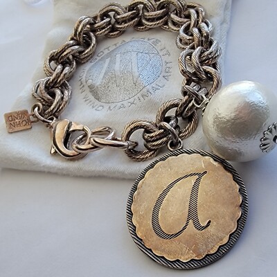 John Wind Maximal Art Silver Tone Chain Bracelet w/Letter A Charm Cotton  Pearl