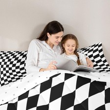 Black White Grid Comforter Set Full Size, Reversible Diamond Square Lattice B...