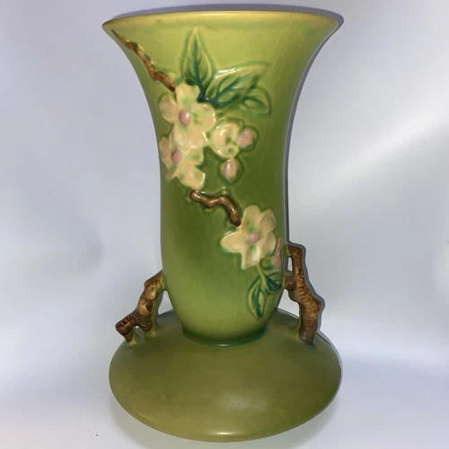 Roseville Pottery 1940s Apple Blossom Vase U.S.A. 388-10” Matte Green Original