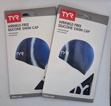 2pk New TYR Hypoallergenic Wrinkle-Free Silicone Swim Cap Blue Adult Fit NVY/WHT