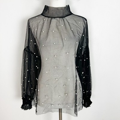 Women's Avant Garde Black Sheer Billowy Top with Pearl Detail Size 3X