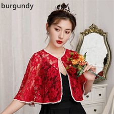   Women Bridal Wedding Cape Cloak Shawl Wrap Beaded Lace Floral Banquet Retro