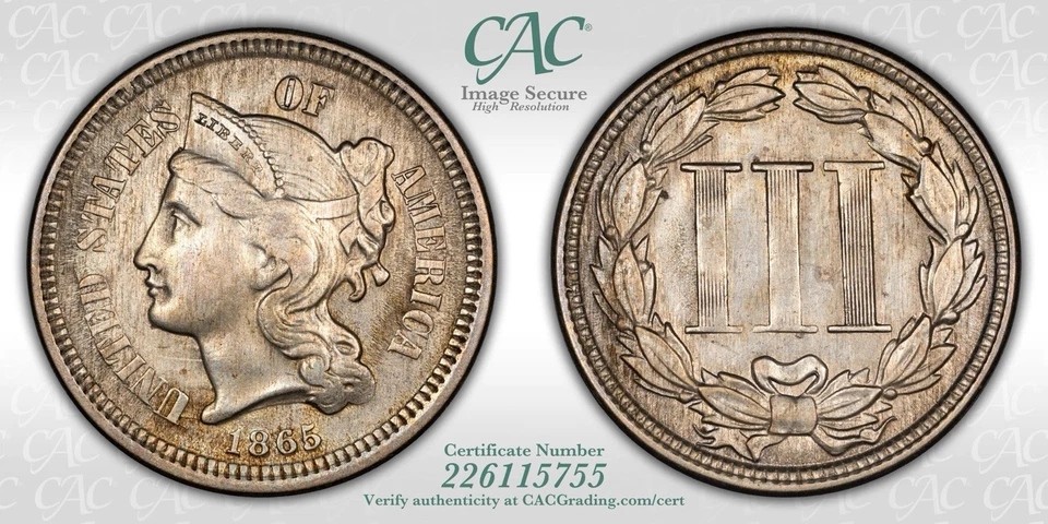 1865 3CN Three Cent Nickel CACG Au58 5755 - Image 3 of 4