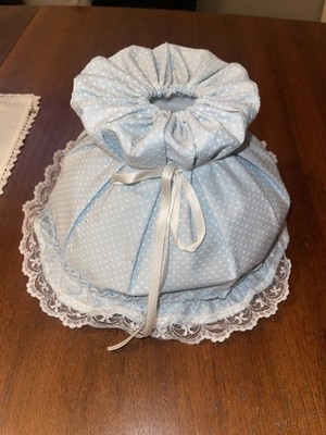 Vtg Bonnet Lamp Shape Polka Dot Fabric Lace Clip Style Baby Blue Country Cottage