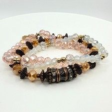Vintage Copper Tone Peach Iridescent Beaded Stackable Stretch Bracelet Set 3