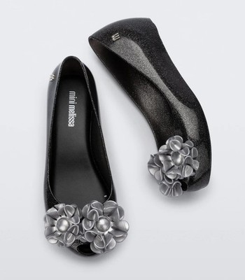 Mini Melissa Ultragirl Ballet Flats Black Size 3 US W/Silver Flowers Toe Accent