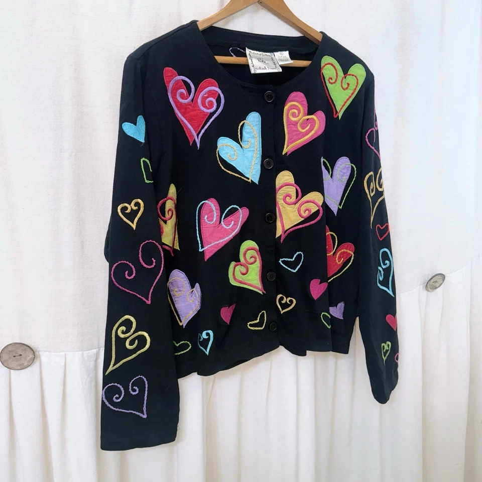 Cárdigan De Colección Michael Simon Lite Talla XL Apliques Corazón Negro Colorido Arco Iris Foto 2 de 4